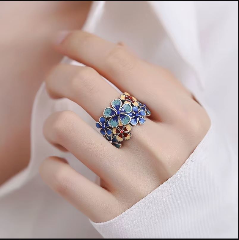 Bague fleurs émaillées
