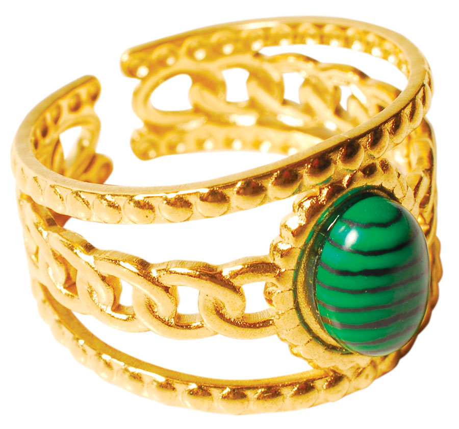 Bague En Malachite Naturelle - Pierre Verte Veinée, Monture Simple - Neuf Sans Emballage