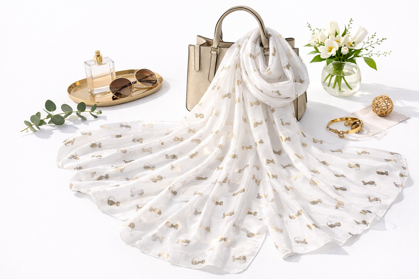 Foulard blanc chats dorés