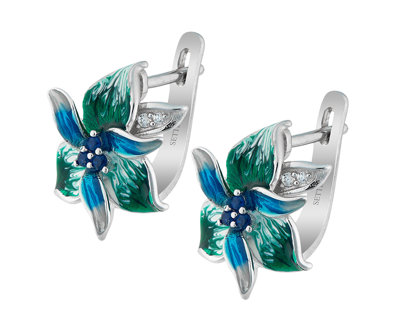Boucles d’oreilles florales émaillées bleu et vert
