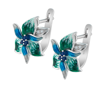 Boucles d’oreilles florales émaillées bleu et vert