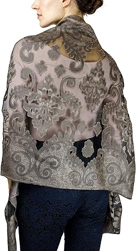 Foulard voile brodé noir et beige